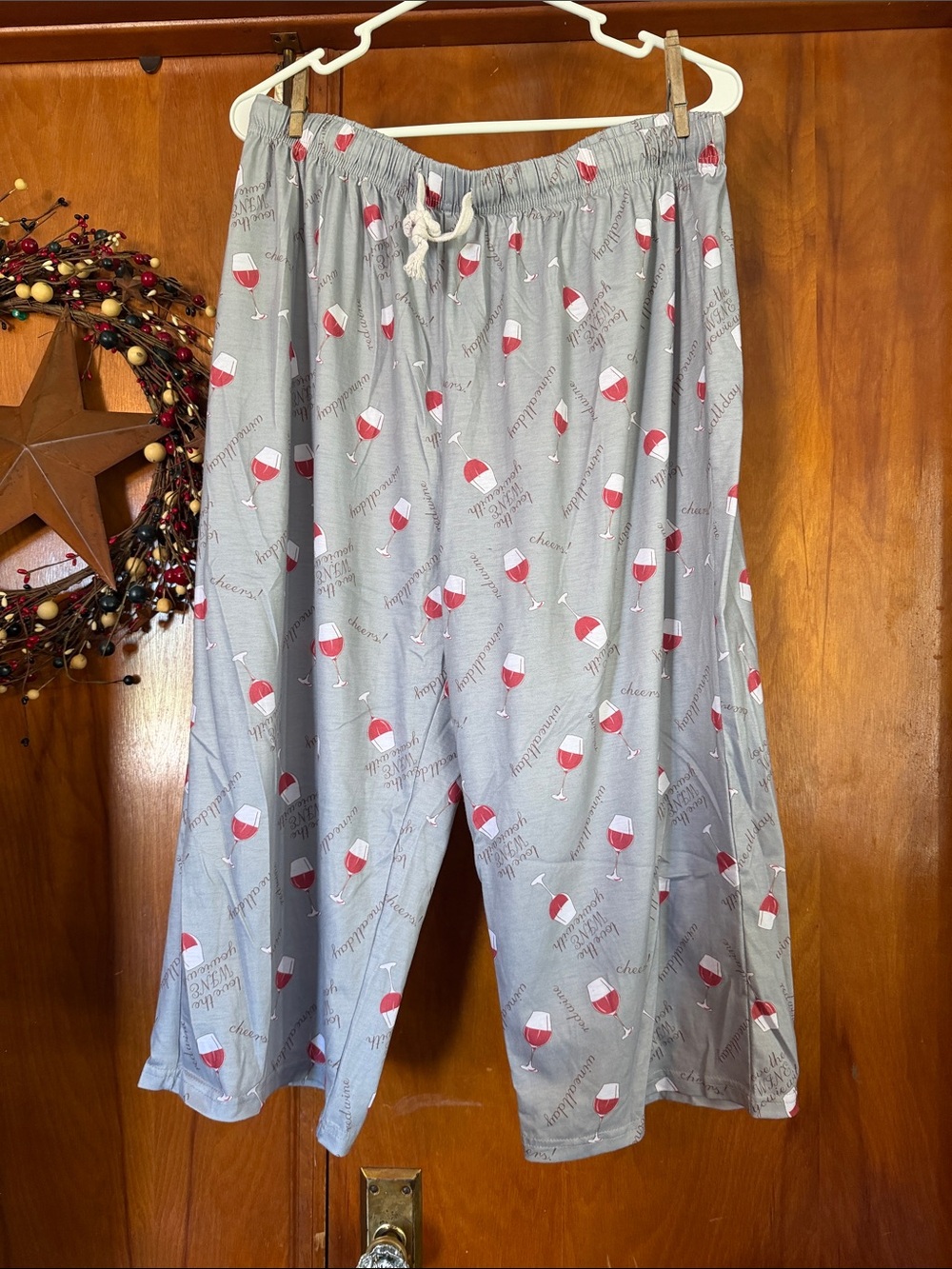 Gray Lounge Pants with Red Wine Glass Print
